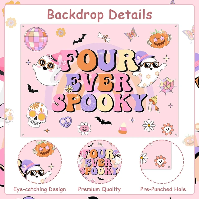 Alt view image 5 of 6 - Halloween 4th Birthday Party Decorations 7 * 5ft Four Ever Spooky Backdrop Banner Hippie Halloween Birthday Party Decor Groovy Disco Bat Ghost Birthday Backdrop Scary Decor for 4 Year Old