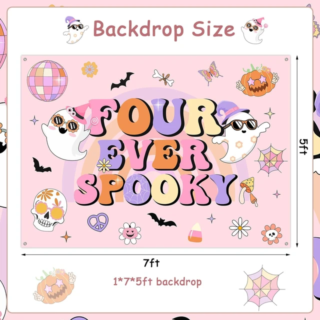 Alt view image 6 of 6 - Halloween 4th Birthday Party Decorations 7 * 5ft Four Ever Spooky Backdrop Banner Hippie Halloween Birthday Party Decor Groovy Disco Bat Ghost Birthday Backdrop Scary Decor for 4 Year Old