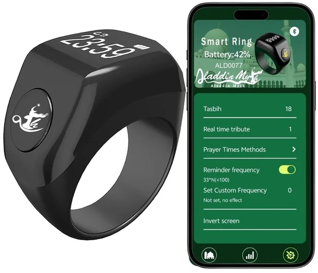 Main image of Aladdin Myth Multifunctional Tasbih Prayer Smart Ring, Tasbeeh Counters, Prayer Direction Indicator Guide, 5 Azan Alarm Clock, Electronic Rosary, Step Counting, Heat Rate, SPO2, Blood Pressure, Black