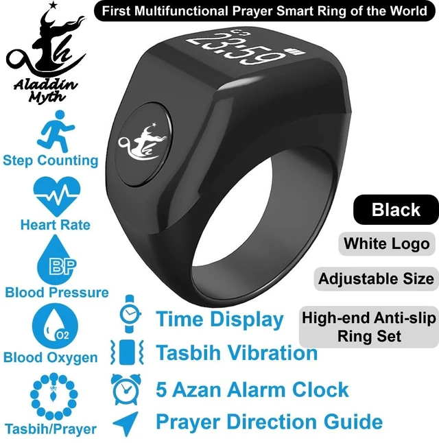 Alt view image 2 of 6 - Aladdin Myth Multifunctional Tasbih Prayer Smart Ring, Tasbeeh Counters, Prayer Direction Indicator Guide, 5 Azan Alarm Clock, Electronic Rosary, Step Counting, Heat Rate, SPO2, Blood Pressure, Black