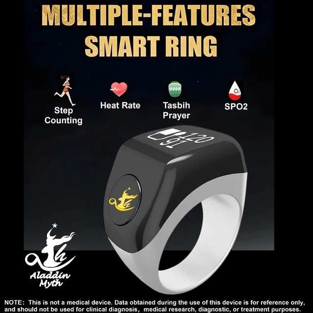 Alt view image 3 of 6 - Aladdin Myth Multifunctional Tasbih Prayer Smart Ring, Tasbeeh Counters, Prayer Direction Indicator Guide, 5 Azan Alarm Clock, Electronic Rosary, Step Counting, Heat Rate, SPO2, Blood Pressure, Black
