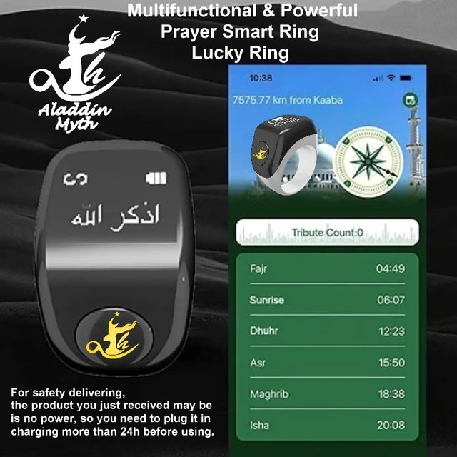 Alt view image 4 of 6 - Aladdin Myth Multifunctional Tasbih Prayer Smart Ring, Tasbeeh Counters, Prayer Direction Indicator Guide, 5 Azan Alarm Clock, Electronic Rosary, Step Counting, Heat Rate, SPO2, Blood Pressure, Black