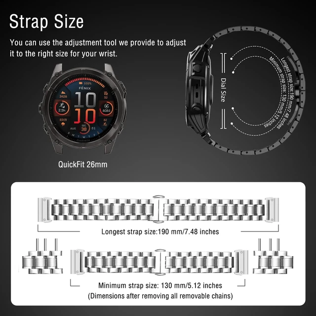 Alt view image 4 of 7 - 26mm QuickFit Metal Band for Garmin Fenix 9 Pro 51mm/9 - Silver Solid Stainless Steel Wristband Strap, Exquisite Replacement Band for Garmin Fenix 8 Pro 51mm/Fenix 8/D2 Mach 2 Pro/D2 Mach 2