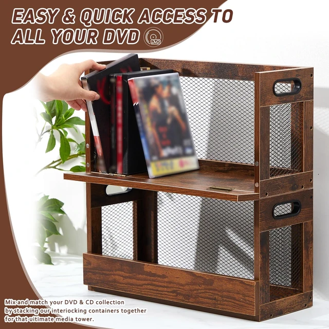 Alt view image 5 of 7 - 2 Set Retro Metal & Wooden DVD Storage Box,Holds 52 DVDs(26 Each) Movie Holder Rack Tape Display Racks with Magnetic Front Flap and Handles, Organizer Shelf for Video Game Cases, CDs,DVDs