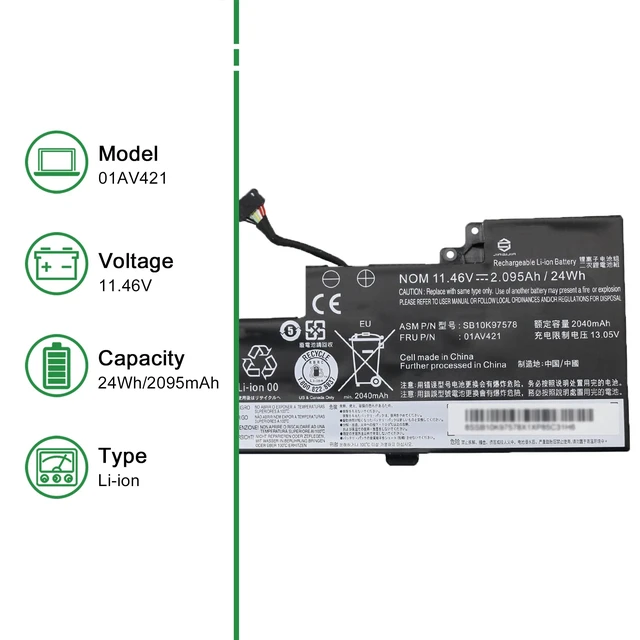 Alt view image 2 of 6 - 01AV421 SB10K97578 Laptop Battery Replacement for Lenovo ThinkPad T470 T480 A475 A485 TP25 Series Notebook 01AV419 01AV420 01AV489 SB10K97576 SB10K97577 11.46V 24Wh 2095mAh
