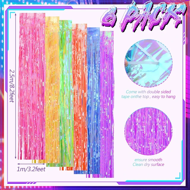 Alt view image 2 of 7 - 12 Pcs Neon Party Foil Fringe Curtains 3.28 x 8.2 ft Colorful Neon Party Tinsel Curtain Backdrop Fringe for Birthday Supplies Door Bachelorette Wedding Decorations Background (Multicolor)
