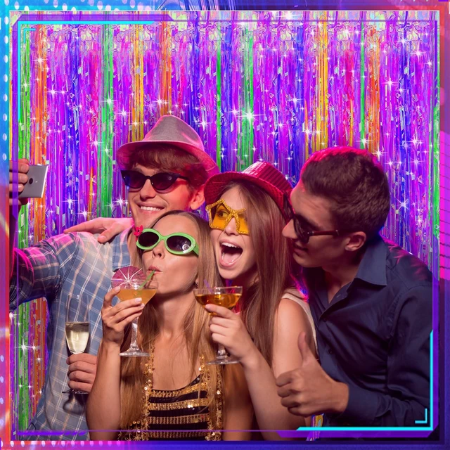 Alt view image 3 of 7 - 12 Pcs Neon Party Foil Fringe Curtains 3.28 x 8.2 ft Colorful Neon Party Tinsel Curtain Backdrop Fringe for Birthday Supplies Door Bachelorette Wedding Decorations Background (Multicolor)