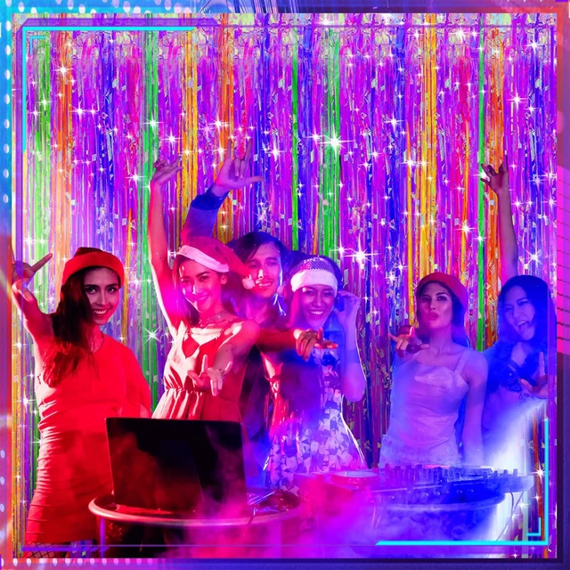 Alt view image 7 of 7 - 12 Pcs Neon Party Foil Fringe Curtains 3.28 x 8.2 ft Colorful Neon Party Tinsel Curtain Backdrop Fringe for Birthday Supplies Door Bachelorette Wedding Decorations Background (Multicolor)