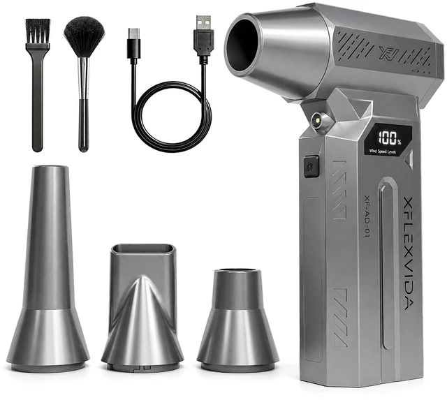 Main image of Rechargeable Compressed Air Duster, 120,000 RPM, 4 Nozzles 120k RPM, LCD: battery % at startup, P1-P4 in use, LED light, 4 nozzles, 2 brushes, 5200mAh USB-C, 223g, up to 50 min