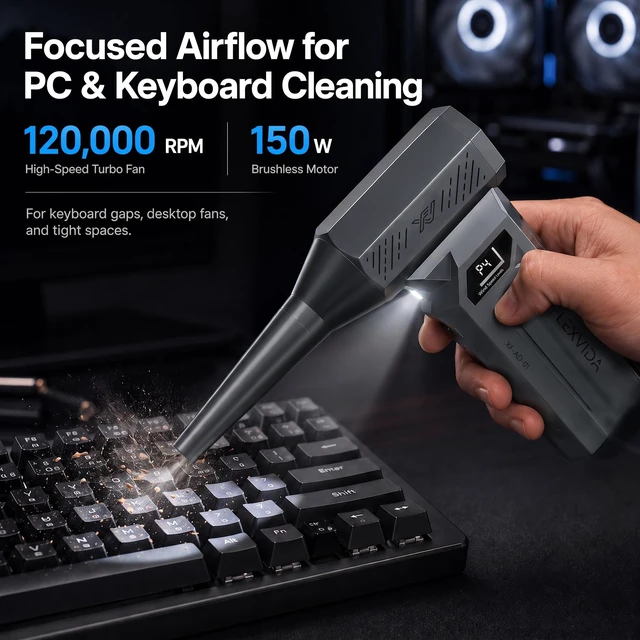 Alt view image 2 of 7 - Rechargeable Compressed Air Duster, 120,000 RPM, 4 Nozzles 120k RPM, LCD: battery % at startup, P1-P4 in use, LED light, 4 nozzles, 2 brushes, 5200mAh USB-C, 223g, up to 50 min