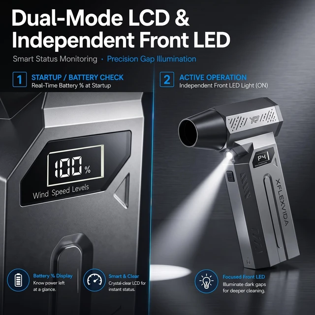Alt view image 4 of 7 - Rechargeable Compressed Air Duster, 120,000 RPM, 4 Nozzles 120k RPM, LCD: battery % at startup, P1-P4 in use, LED light, 4 nozzles, 2 brushes, 5200mAh USB-C, 223g, up to 50 min