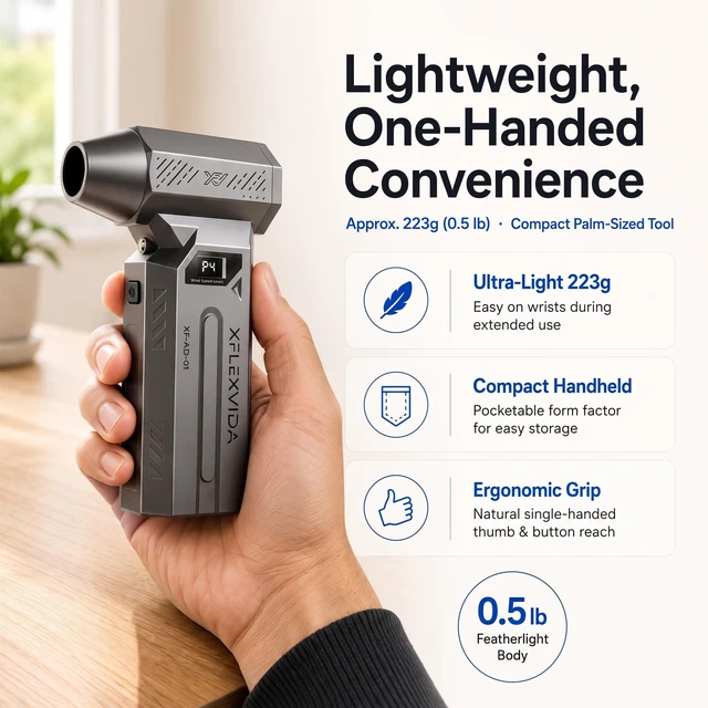 Alt view image 6 of 7 - Rechargeable Compressed Air Duster, 120,000 RPM, 4 Nozzles 120k RPM, LCD: battery % at startup, P1-P4 in use, LED light, 4 nozzles, 2 brushes, 5200mAh USB-C, 223g, up to 50 min
