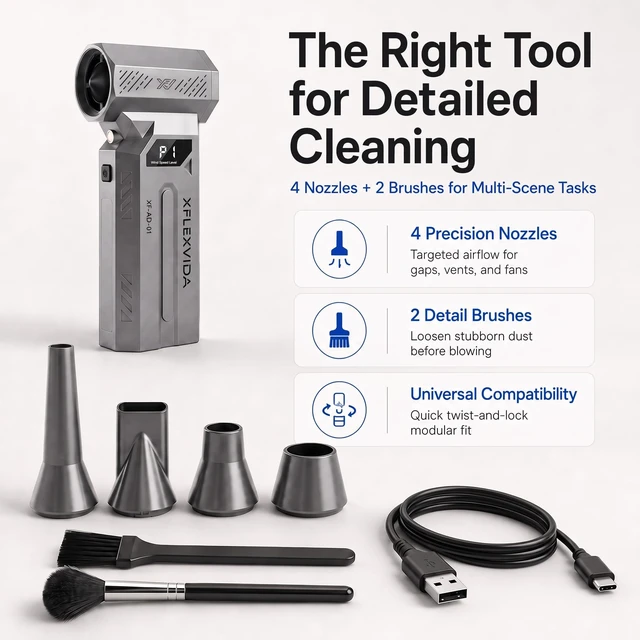Alt view image 7 of 7 - Rechargeable Compressed Air Duster, 120,000 RPM, 4 Nozzles 120k RPM, LCD: battery % at startup, P1-P4 in use, LED light, 4 nozzles, 2 brushes, 5200mAh USB-C, 223g, up to 50 min