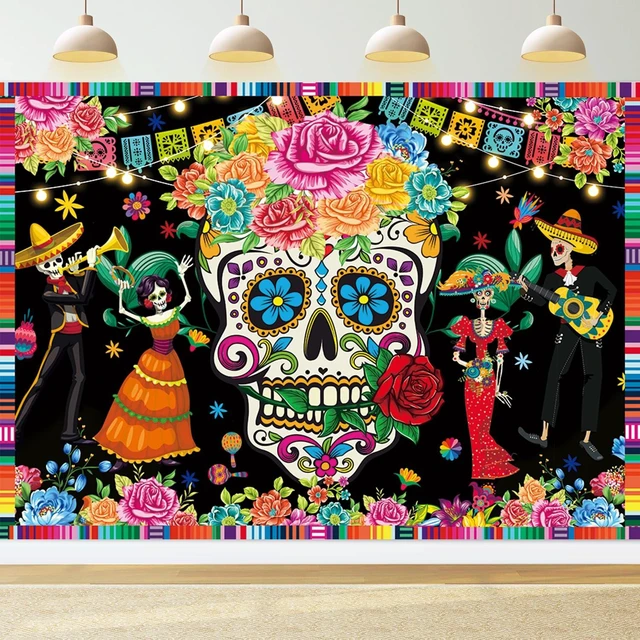 Main image of Day of The Dead Backdrop 8x6FT Sugar Skull Flowers Dia DE Los Muertos Photography Background Mexican Fiesta Themed Baby Shower Birthday Party Decoration Supplies Photo Props
