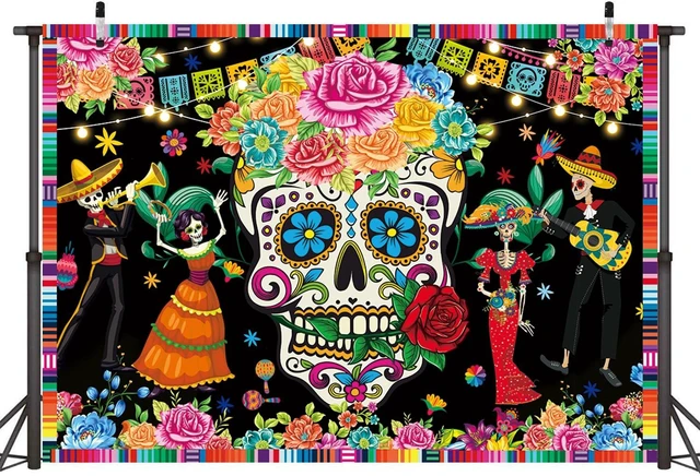 Alt view image 2 of 7 - Day of The Dead Backdrop 8x6FT Sugar Skull Flowers Dia DE Los Muertos Photography Background Mexican Fiesta Themed Baby Shower Birthday Party Decoration Supplies Photo Props