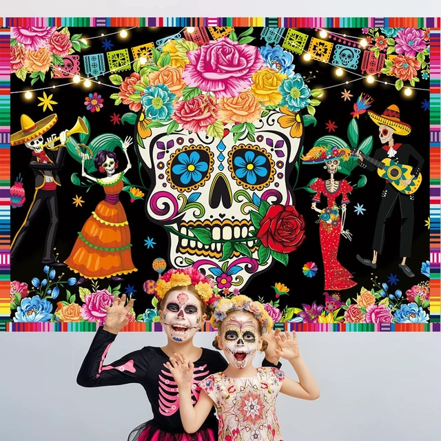 Alt view image 3 of 7 - Day of The Dead Backdrop 8x6FT Sugar Skull Flowers Dia DE Los Muertos Photography Background Mexican Fiesta Themed Baby Shower Birthday Party Decoration Supplies Photo Props