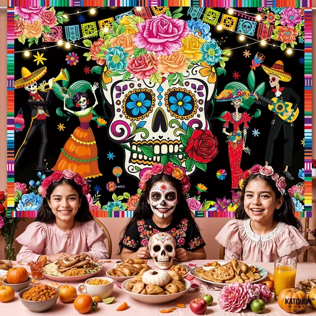 Alt view image 5 of 7 - Day of The Dead Backdrop 8x6FT Sugar Skull Flowers Dia DE Los Muertos Photography Background Mexican Fiesta Themed Baby Shower Birthday Party Decoration Supplies Photo Props