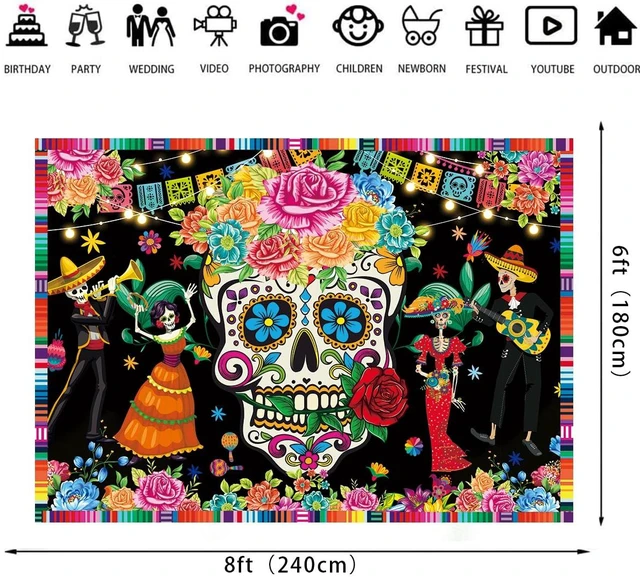 Alt view image 6 of 7 - Day of The Dead Backdrop 8x6FT Sugar Skull Flowers Dia DE Los Muertos Photography Background Mexican Fiesta Themed Baby Shower Birthday Party Decoration Supplies Photo Props