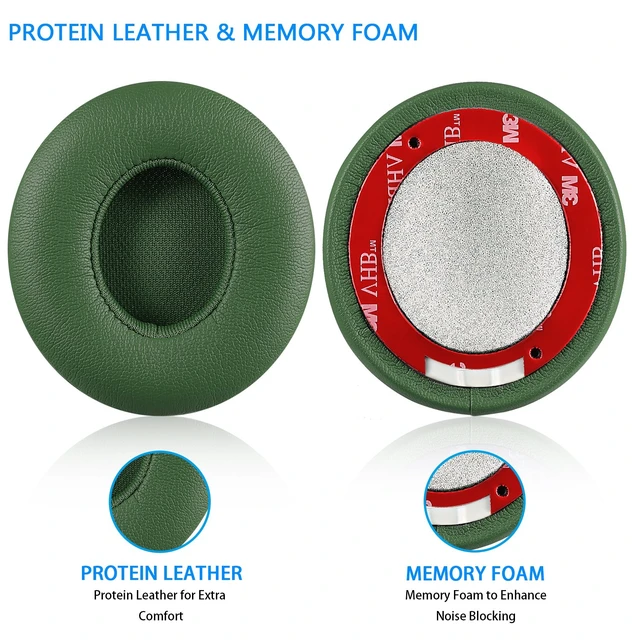 Alt view image 3 of 7 - Solo 2/3 Wireless Earpads - Replacement Ear Cushion Pads with Protein Leather and Memory Foam for Beats Solo 2.0/3.0 Wireless On Ear Headphones ONLY (Turf Green)