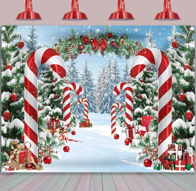 Alt view image 2 of 7 - 8x6ft Merry Christmas Candy Cane Backdrop Winter Snowy Scene Banner Christmas Tree Photography Background, Christmas Holiday Party Decorations Banner, New Year Xmas Eve Family Party Booth Props