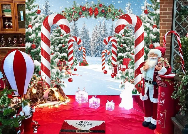 Alt view image 4 of 7 - 8x6ft Merry Christmas Candy Cane Backdrop Winter Snowy Scene Banner Christmas Tree Photography Background, Christmas Holiday Party Decorations Banner, New Year Xmas Eve Family Party Booth Props
