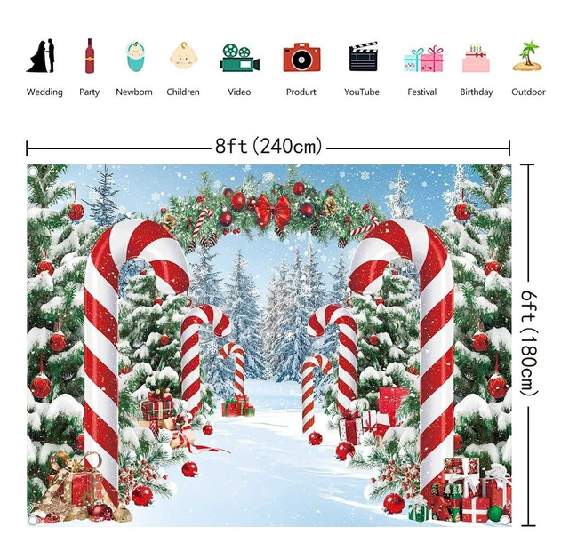 Alt view image 6 of 7 - 8x6ft Merry Christmas Candy Cane Backdrop Winter Snowy Scene Banner Christmas Tree Photography Background, Christmas Holiday Party Decorations Banner, New Year Xmas Eve Family Party Booth Props