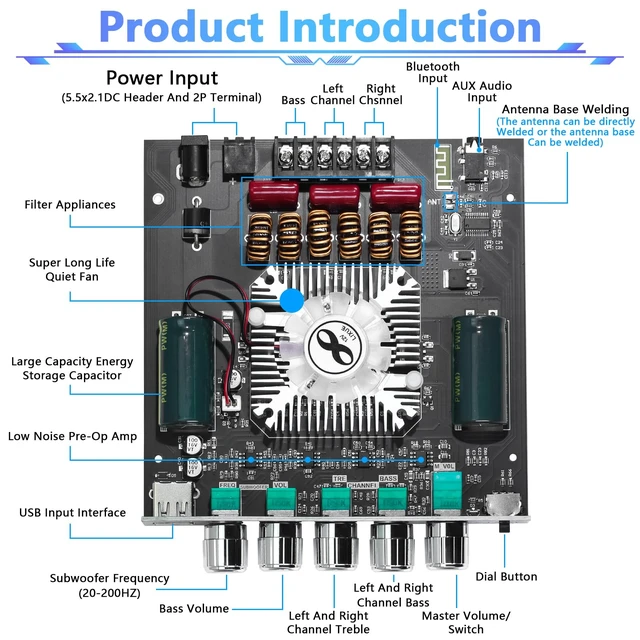 Alt view image 3 of 7 - ZK-HT21 Bluetooth Amplifier Board 2.1 Channel Subwoofer 160W+160W+220W Bluetooth 5.0 Amplifier with Treble and Bass Control for DIY Speakers