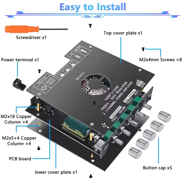 Alt view image 6 of 7 - ZK-HT21 Bluetooth Amplifier Board 2.1 Channel Subwoofer 160W+160W+220W Bluetooth 5.0 Amplifier with Treble and Bass Control for DIY Speakers