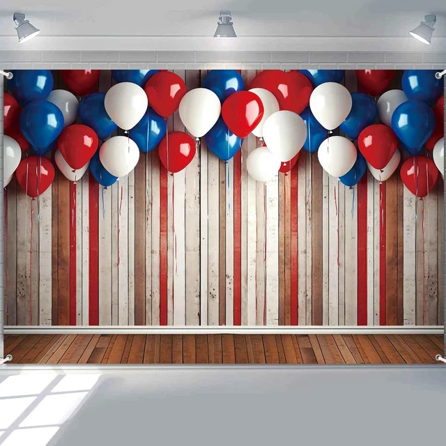 Main image of 4th of July Patriotic Banner Backdrop 8x6ft Red White Blue Balloons Rustic Wooden Wall Photography Background Independence Day Memorial Day Veteran Birthday Party Decorations