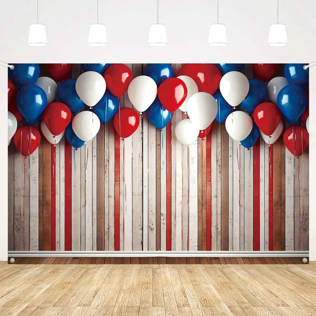 Alt view image 2 of 7 - 4th of July Patriotic Banner Backdrop 8x6ft Red White Blue Balloons Rustic Wooden Wall Photography Background Independence Day Memorial Day Veteran Birthday Party Decorations