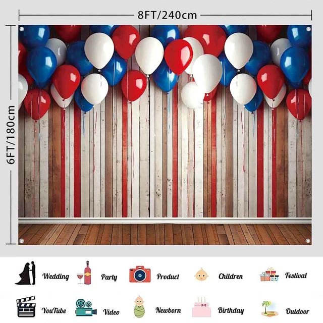 Alt view image 3 of 7 - 4th of July Patriotic Banner Backdrop 8x6ft Red White Blue Balloons Rustic Wooden Wall Photography Background Independence Day Memorial Day Veteran Birthday Party Decorations