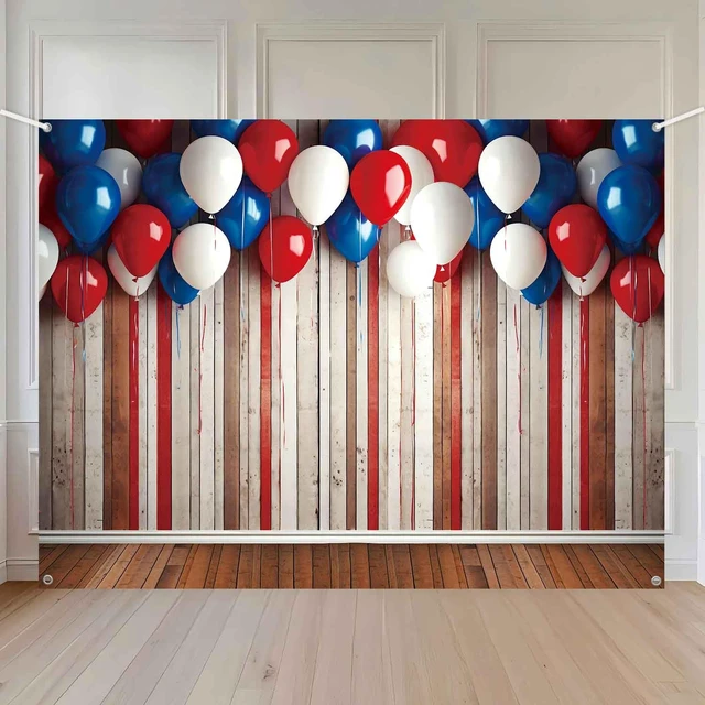 Alt view image 4 of 7 - 4th of July Patriotic Banner Backdrop 8x6ft Red White Blue Balloons Rustic Wooden Wall Photography Background Independence Day Memorial Day Veteran Birthday Party Decorations