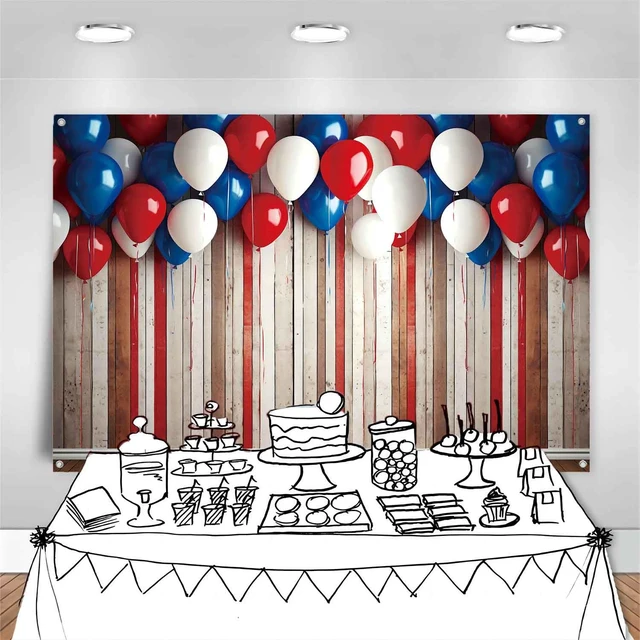 Alt view image 5 of 7 - 4th of July Patriotic Banner Backdrop 8x6ft Red White Blue Balloons Rustic Wooden Wall Photography Background Independence Day Memorial Day Veteran Birthday Party Decorations