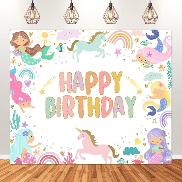 Main image of Mermaid Unicorn Birthday Backdrop Rainbow Mermaid Backdrop 6x5ft Cotton, Unicorn Backdrop, Happy Birthday Backdrop for Girls, Mermaid Birthday Party Decorations, Party Decorations
