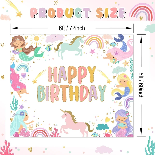 Alt view image 2 of 7 - Mermaid Unicorn Birthday Backdrop Rainbow Mermaid Backdrop 6x5ft Cotton, Unicorn Backdrop, Happy Birthday Backdrop for Girls, Mermaid Birthday Party Decorations, Party Decorations
