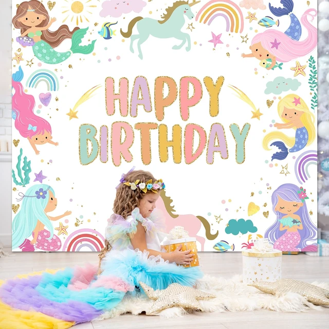 Alt view image 5 of 7 - Mermaid Unicorn Birthday Backdrop Rainbow Mermaid Backdrop 6x5ft Cotton, Unicorn Backdrop, Happy Birthday Backdrop for Girls, Mermaid Birthday Party Decorations, Party Decorations