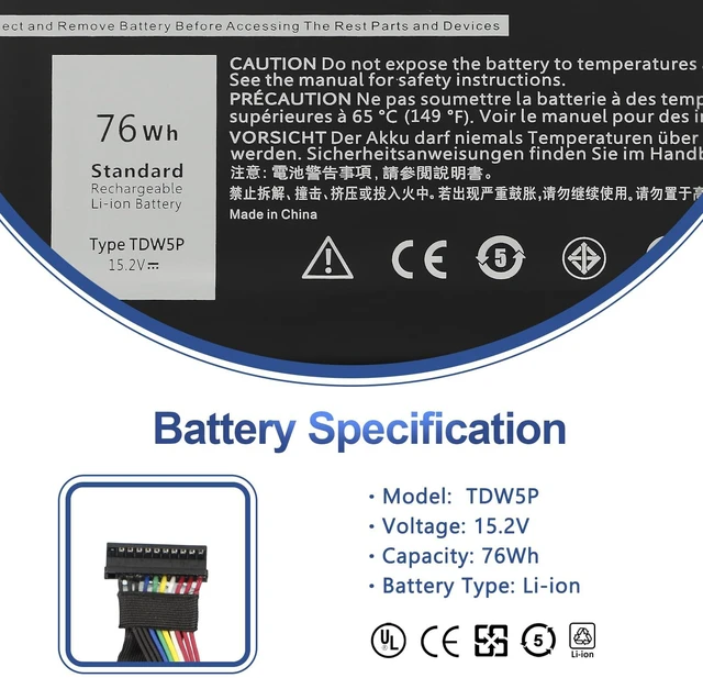 Alt view image 2 of 7 - TDW5P Laptop Battery for Dell Alienware 13 R3 ALW13C D1738 D2718 D2728 D2738 D2838 D2508 D2503S D2506S D2715S Series Black V9XD7 0V9XD7 4RRR3 04RRR3 JFWX7 0JFWX7 P81G P81G001 15.2V