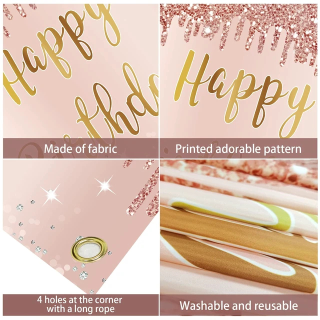 Alt view image 6 of 7 - Happy Birthday Decorations for Girls Women, Happy Birthday Banner Backdrop Pink Rose Gold Theme Party Sign Supplies, Large 16th-50th Birthday Poster Background Photo Booth Props