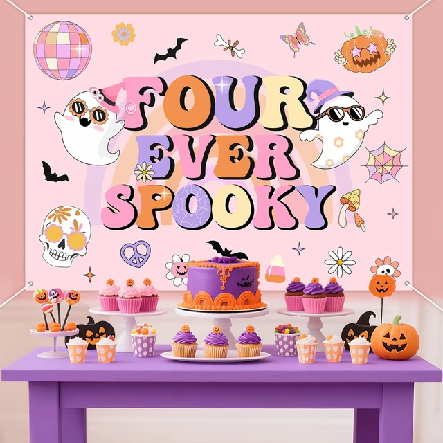 Alt view image 2 of 6 - Halloween 4th Birthday Party Decorations 7 * 5ft Four Ever Spooky Backdrop Banner Hippie Halloween Birthday Party Decor Groovy Disco Bat Ghost Birthday Backdrop Scary Decor for 4 Year Old
