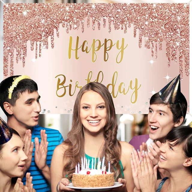 Alt view image 7 of 7 - Happy Birthday Decorations for Girls Women, Happy Birthday Banner Backdrop Pink Rose Gold Theme Party Sign Supplies, Large 16th-50th Birthday Poster Background Photo Booth Props