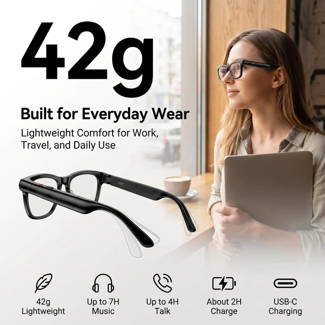 Alt view image 7 of 7 - AI Smart Glasses with Camera, 4K Video Recording, 8MP Camera, Real-Time Translation, Bluetooth Calls, Open-Ear Audio, 42g Frame, Cycling, Running, Travel, Outdoor Sports