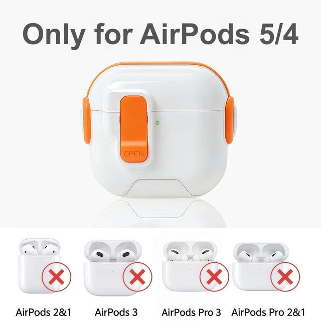 Alt view image 2 of 7 - for AirPods 5/4 Case (2026/2024), with Lock & Phone Stand & Cute Automatic Snap Switch Secure Cover with Cleaner Kit & Carabiner Keychain & Braided Lanyard (Orange, Airpods 5/4)