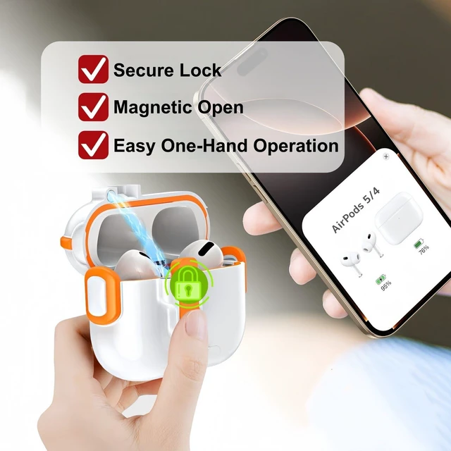 Alt view image 4 of 7 - for AirPods 5/4 Case (2026/2024), with Lock & Phone Stand & Cute Automatic Snap Switch Secure Cover with Cleaner Kit & Carabiner Keychain & Braided Lanyard (Orange, Airpods 5/4)