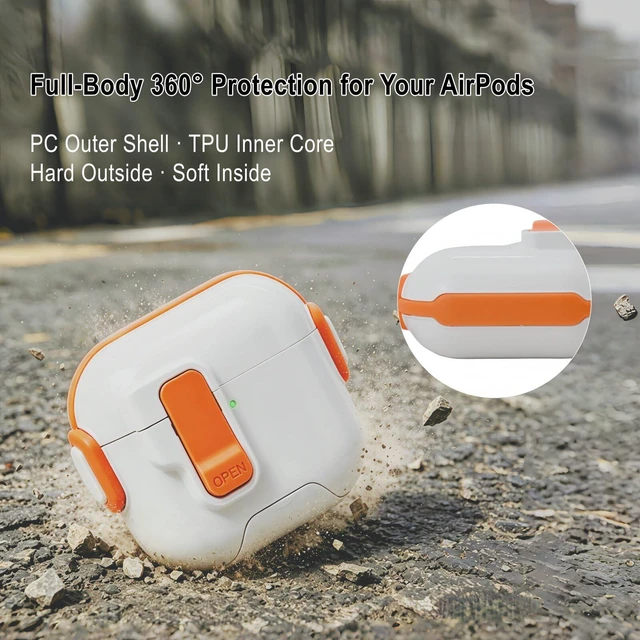 Alt view image 6 of 7 - for AirPods 5/4 Case (2026/2024), with Lock & Phone Stand & Cute Automatic Snap Switch Secure Cover with Cleaner Kit & Carabiner Keychain & Braided Lanyard (Orange, Airpods 5/4)