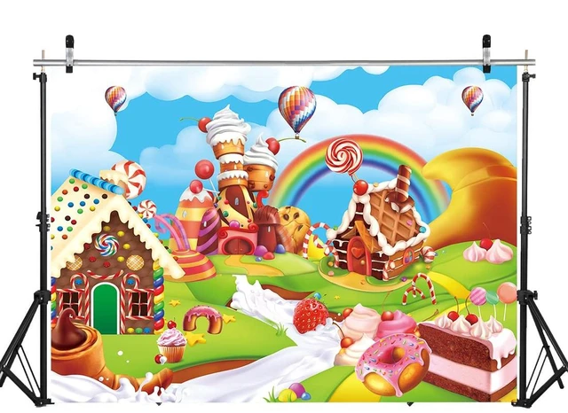 Main image of Candyland Backdrop 8x6FT Cartoon Rainbow Lollipop Icecream Sweet Donut Candy Photography Background for 1st First Birthday Party Decoration Baby Shower Photo Props (96x72 inch)