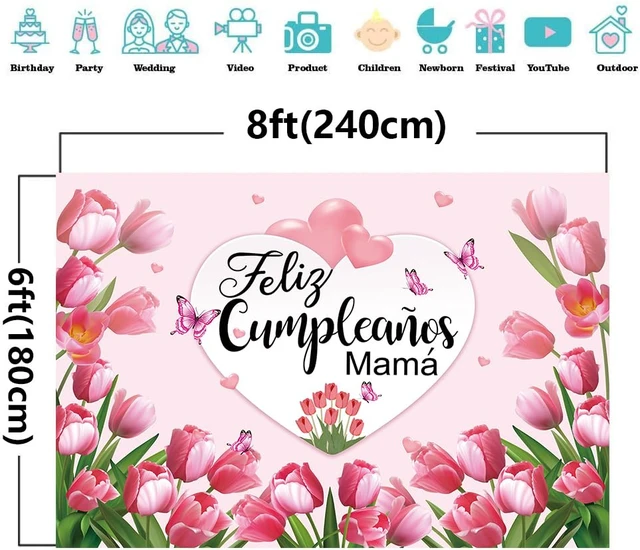 Alt view image 7 of 7 - Feliz Cumpleanos Mama Backdrop Mexico Happy Mother's Day Pink Flowers Background Best Mom Ever I Love Mom Birthday Party Decorations Photo Booth Props (8x6FT)