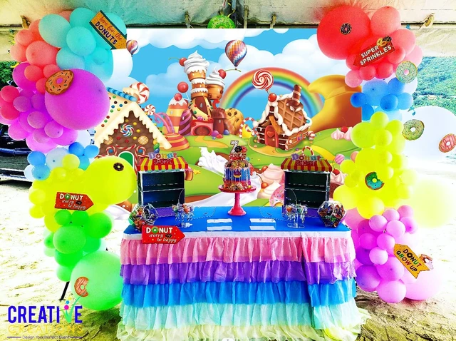 Alt view image 3 of 7 - Candyland Backdrop 8x6FT Cartoon Rainbow Lollipop Icecream Sweet Donut Candy Photography Background for 1st First Birthday Party Decoration Baby Shower Photo Props (96x72 inch)