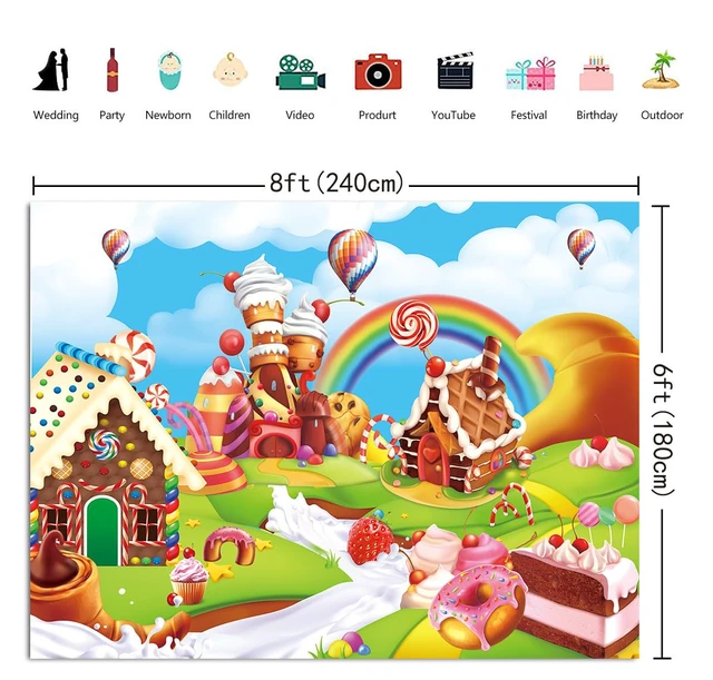Alt view image 6 of 7 - Candyland Backdrop 8x6FT Cartoon Rainbow Lollipop Icecream Sweet Donut Candy Photography Background for 1st First Birthday Party Decoration Baby Shower Photo Props (96x72 inch)