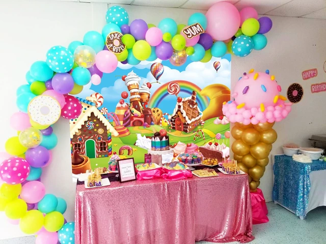 Alt view image 4 of 7 - Candyland Backdrop 8x6FT Cartoon Rainbow Lollipop Icecream Sweet Donut Candy Photography Background for 1st First Birthday Party Decoration Baby Shower Photo Props (96x72 inch)