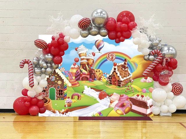 Alt view image 5 of 7 - Candyland Backdrop 8x6FT Cartoon Rainbow Lollipop Icecream Sweet Donut Candy Photography Background for 1st First Birthday Party Decoration Baby Shower Photo Props (96x72 inch)